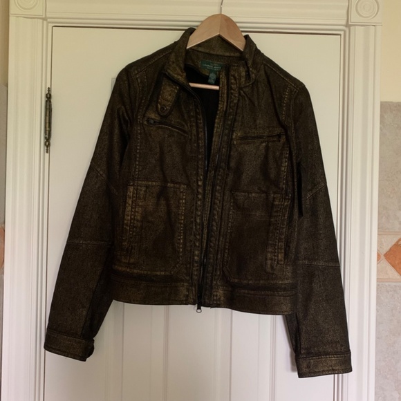 Ralph Lauren Biker Style Cotton Blend Jacket Black/Gold Size L - Picture 10 of 12